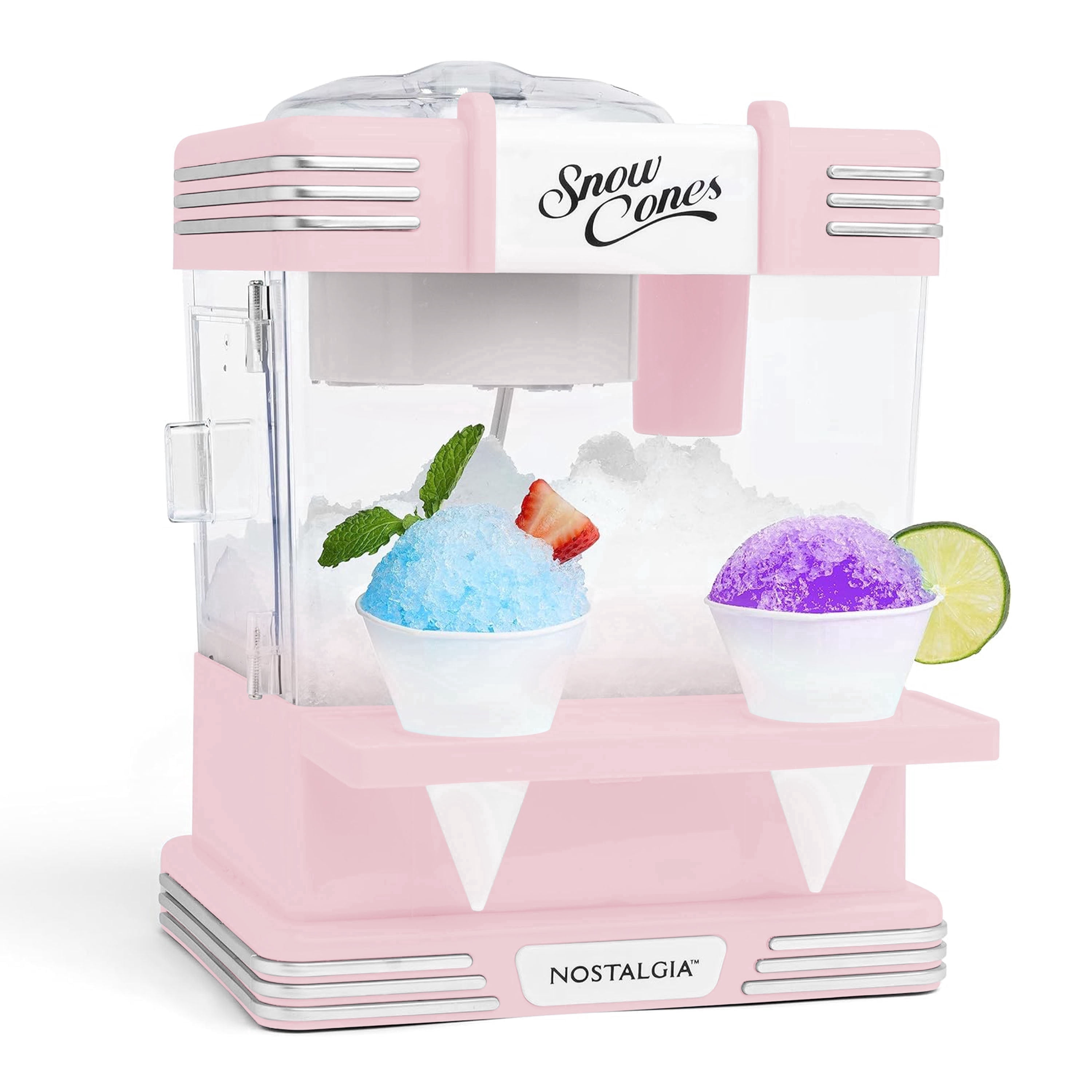 Nostalgia Snow Cone Maker, Tabletop Shaved Ice Machine with 2 Reusable Cones and Ice Scoop, Pink