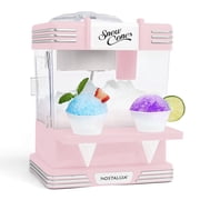 Nostalgia Snow Cone Maker, Tabletop Shaved Ice Machine with 2 Reusable Cones and Ice Scoop, Pink