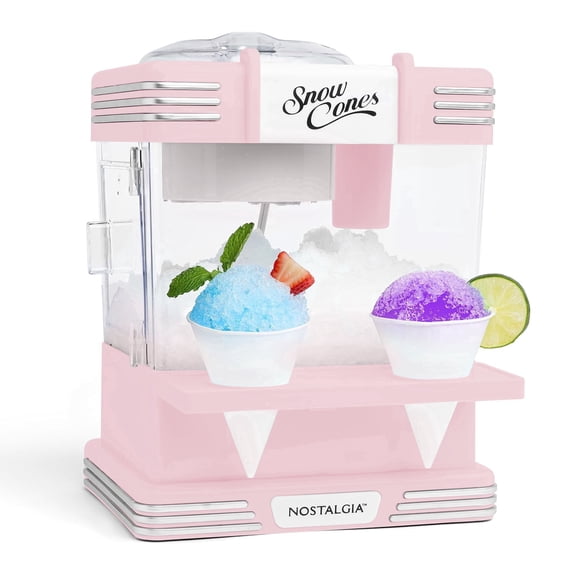 Nostalgia Snow Cone Maker, Tabletop Shaved Ice Machine with 2 Reusable Cones and Ice Scoop, Pink