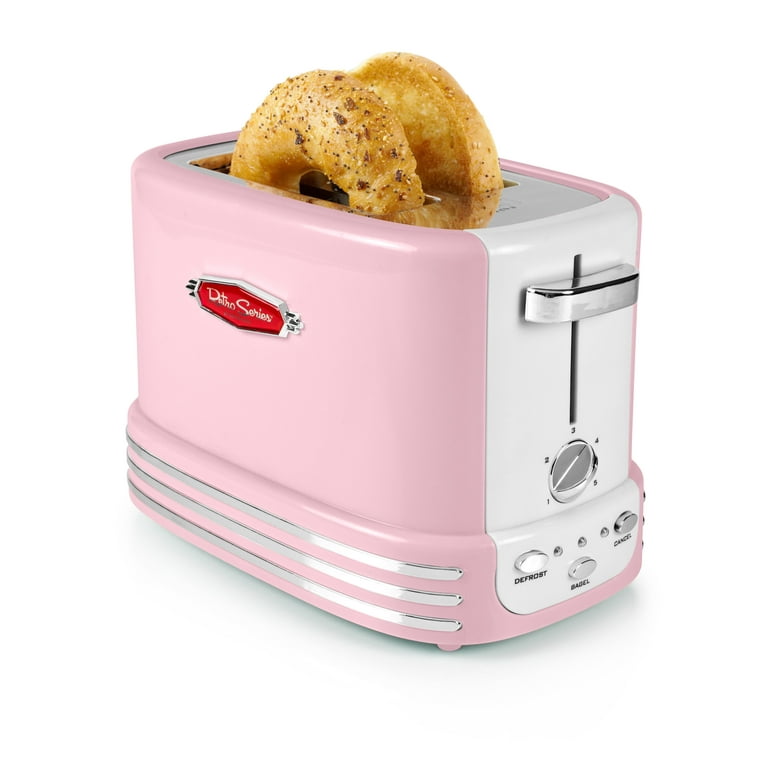 Nostalgia Retro Toaster 2 Slice Vintage Toaster Oven for Bagels Thick Bread Pink