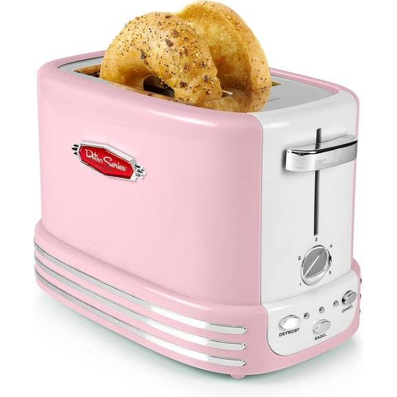 Nostalgia Retro Wide 2-Slice Toaster, Vintage Design With Crumb Tray, Cord Storage & 5 Toasting Levels, Pink
