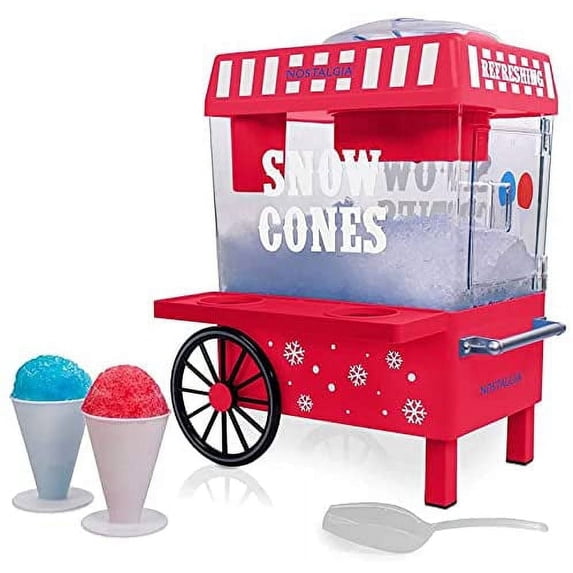 Nostalgia Tabletop Snow Cone Maker, Shaved Ice Machine and Snow Cone Maker with 2 Ice Molds, Red