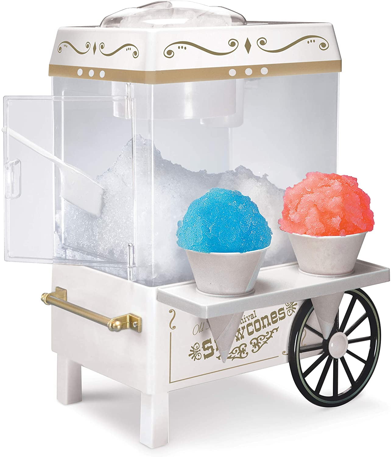 Nostalgia SCM525WH Vintage Countertop Snow Cone Maker Makes 20 Icy Treats, Includes 2 Reusable Plastic Cups & Ice Scoop ? Ice White, 8 Oz