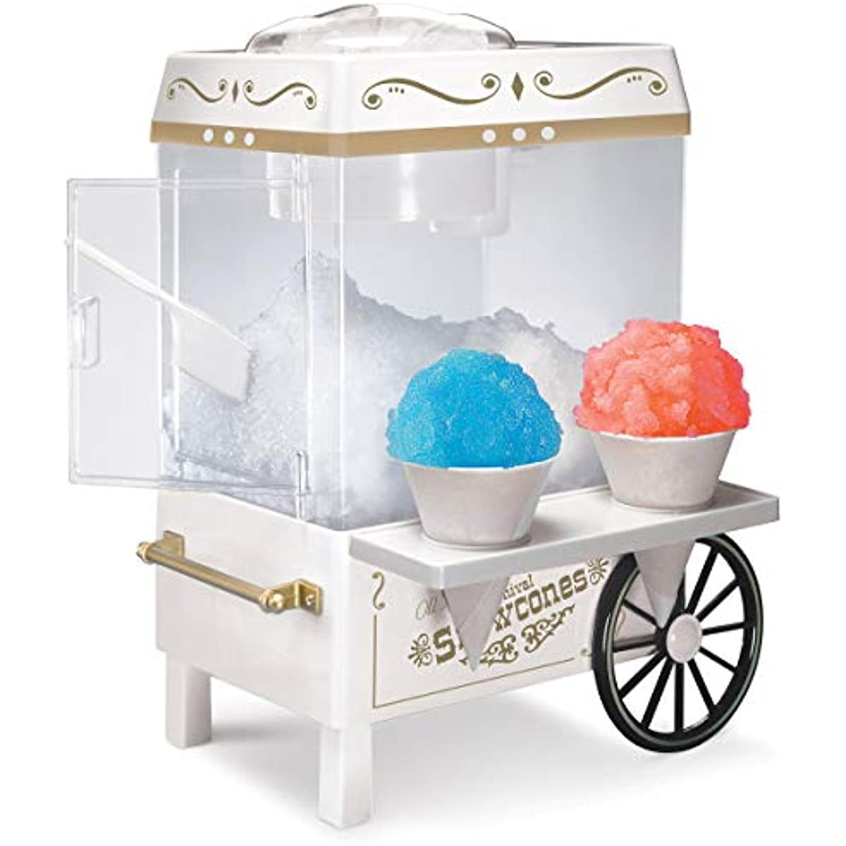 Nostalgia SCM525WH Vintage Countertop Snow Cone Maker Makes 20 Icy Treats, Includes 2 Reusable Plastic Cups & Ice Scoop – Ice White, 8 Oz