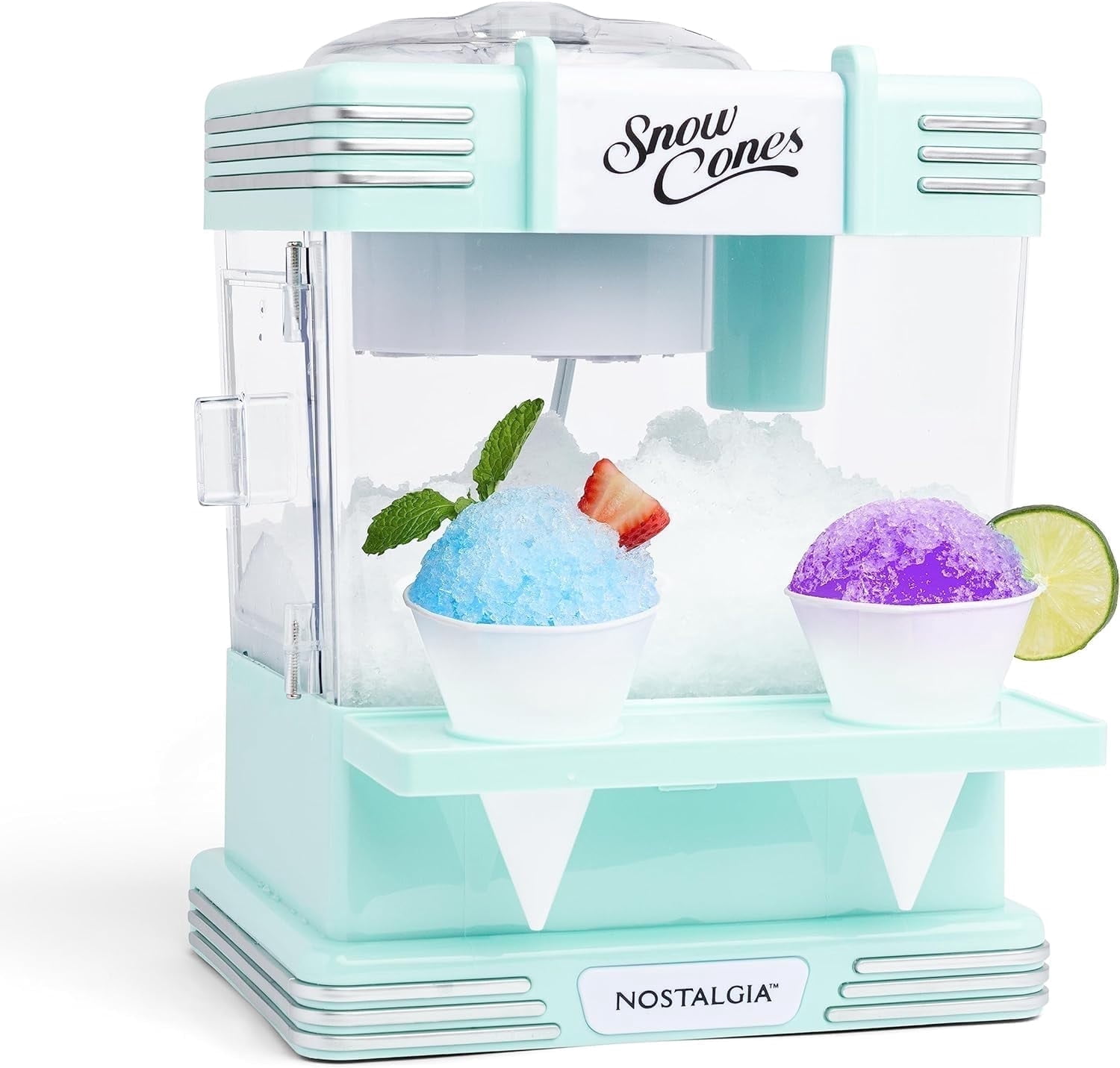 Nostalgia Snow Cone Maker, Tabletop Shaved Ice Machine with 2 Reusable Cones and Ice Scoop, Aqua