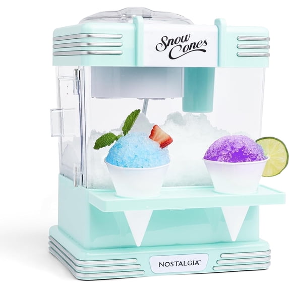 Nostalgia Snow Cone Maker, Tabletop Shaved Ice Machine with 2 Reusable Cones and Ice Scoop, Aqua