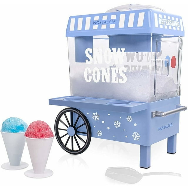 Nostalgia Snow Cone Maker Tabletop Shaved Ice Machine with 2 Reusable Cones & Ice Scoop, Blue
