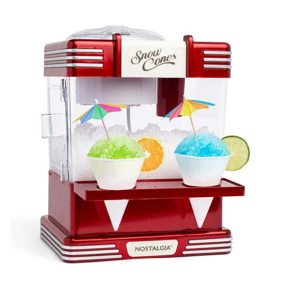 Nostalgia Snow Cone Maker Tabletop Shaved Ice Machine with 2 Reusable Cones & Ice Scoop, Red