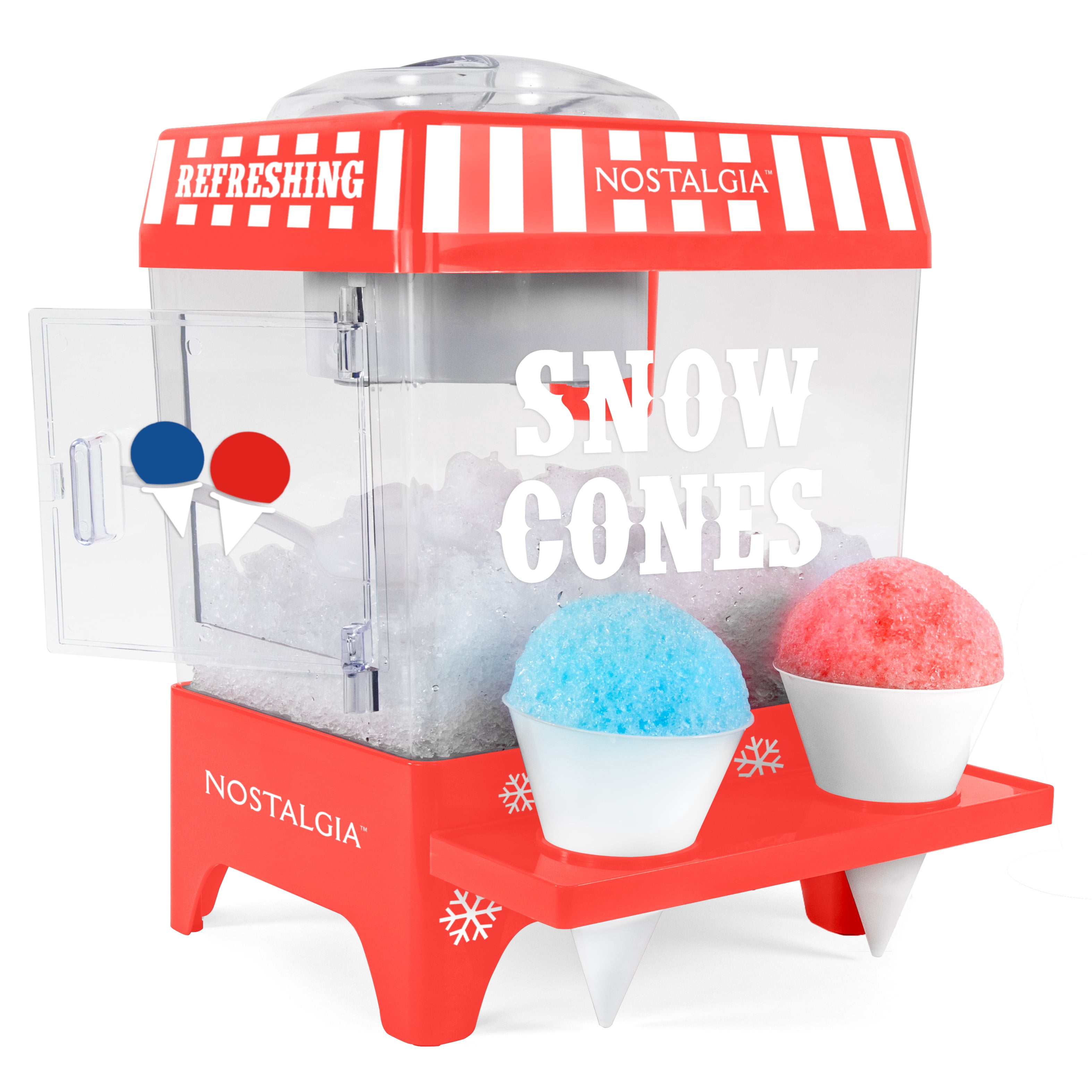 Nostalgia Snow Cone Maker, Tabletop Shaved Ice Machine with 2 Reusable Cones and Ice Scoop, Cherry Red