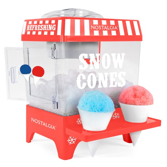 Nostalgia Snow Cone Maker, Tabletop Shaved Ice Machine with 2 Reusable Cones and Ice Scoop, Cherry Red