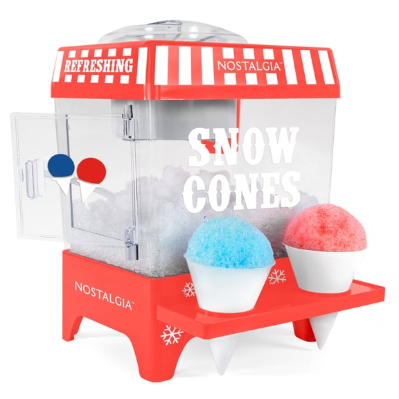 Nostalgia Snow Cone Maker, Tabletop Shaved Ice Machine with 2 Reusable Cones and Ice Scoop, Cherry Red