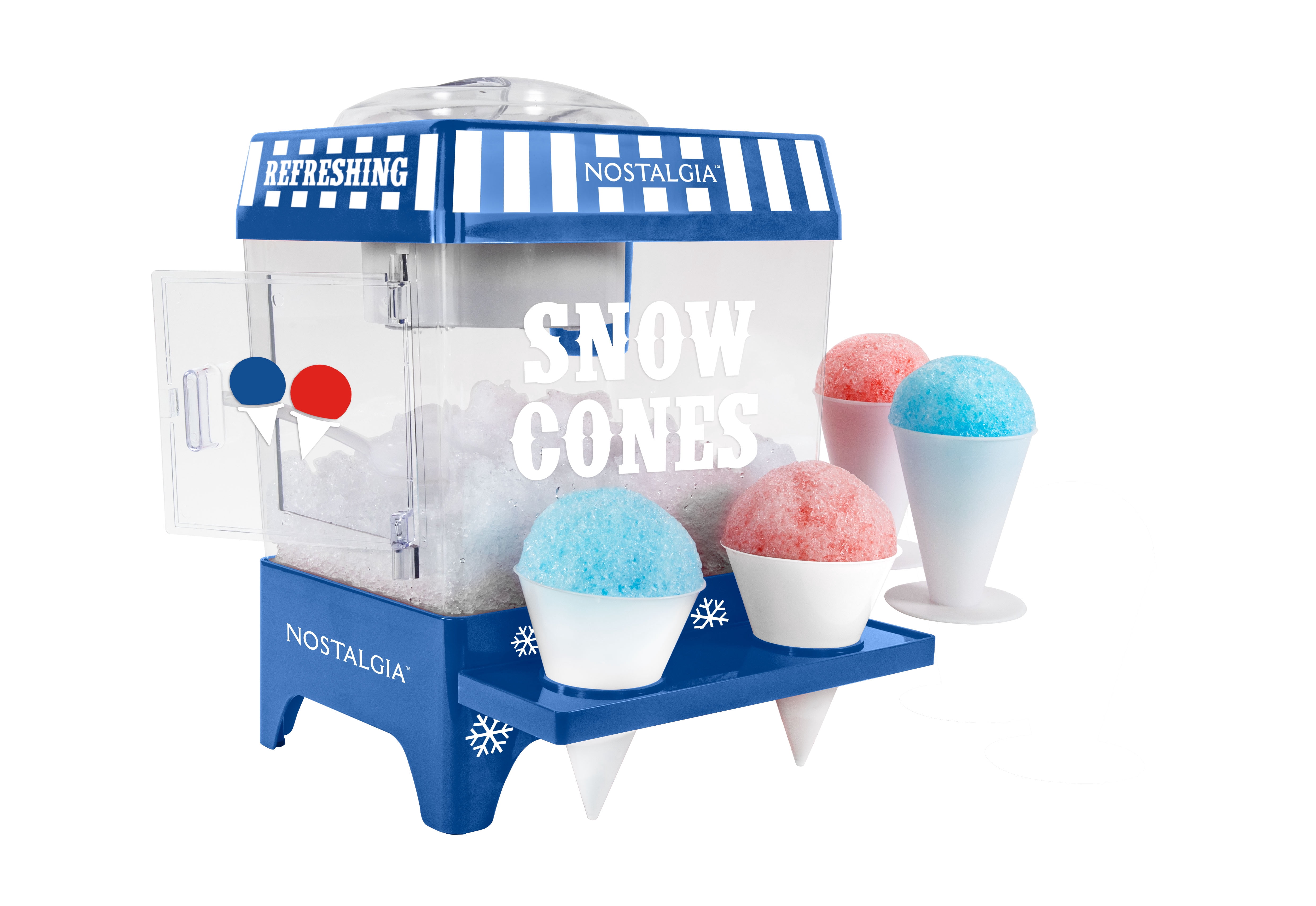 Nostalgia Snow Cone Maker, Tabletop Shaved Ice Machine with 2 Reusable Cones and Ice Scoop, Ice Blue