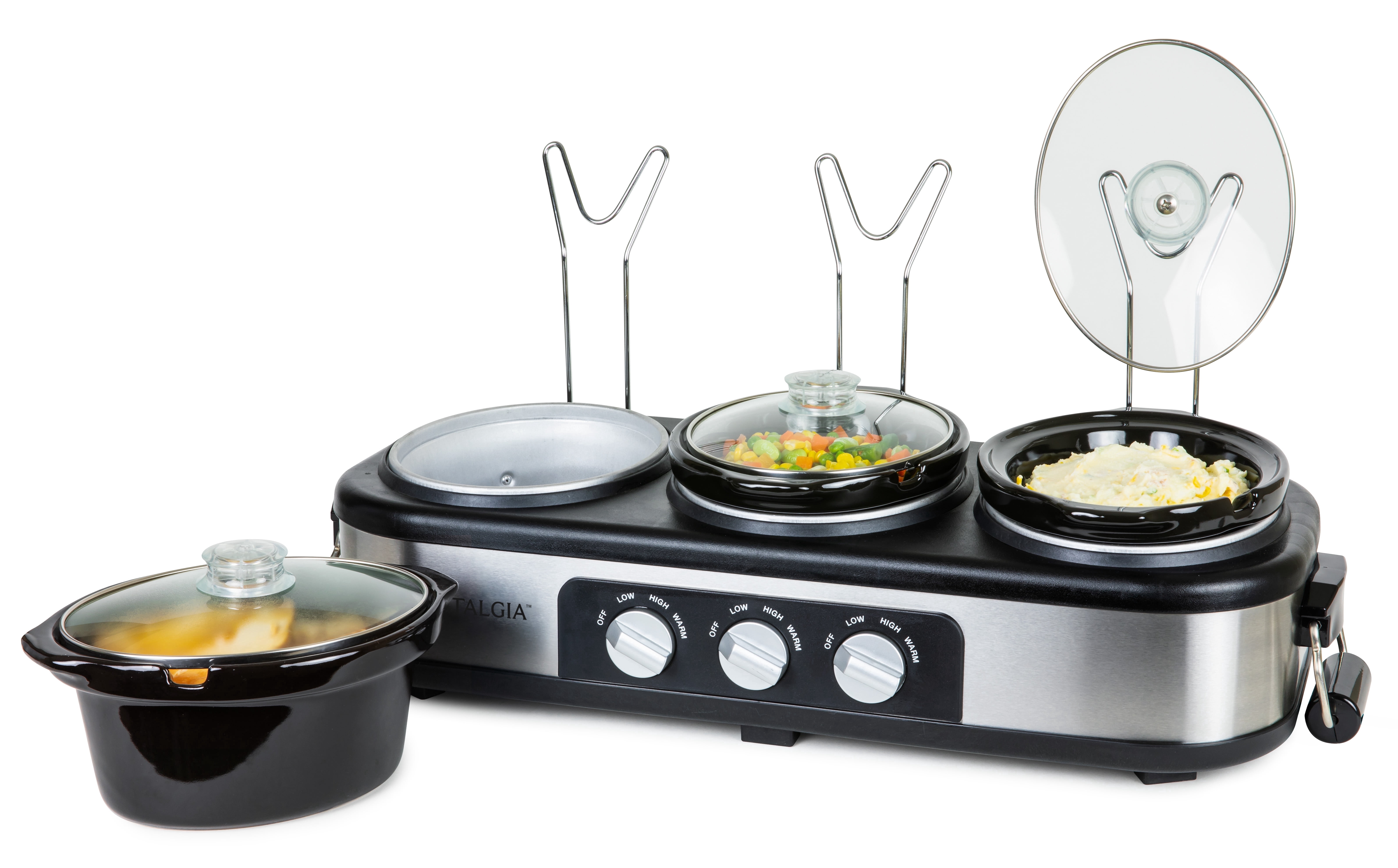 Nostalgia 1.5 qt Triple Slow Cooker, 3 Crock Pot Buffet Server with Removable Ceramic Pots, Stainless Steel