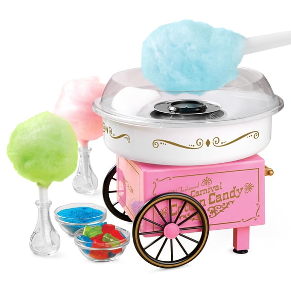 Nostalgia Vintage Hard and Sugar Free Candy Countertop Cotton Candy Maker, Includes 2 Reusable Cones And Sugar Scoop - Pink Y101