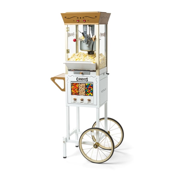 Nostalgia Vintage Popcorn Machine, Popcorn Maker Cart with Candy Dispensers, Ivory