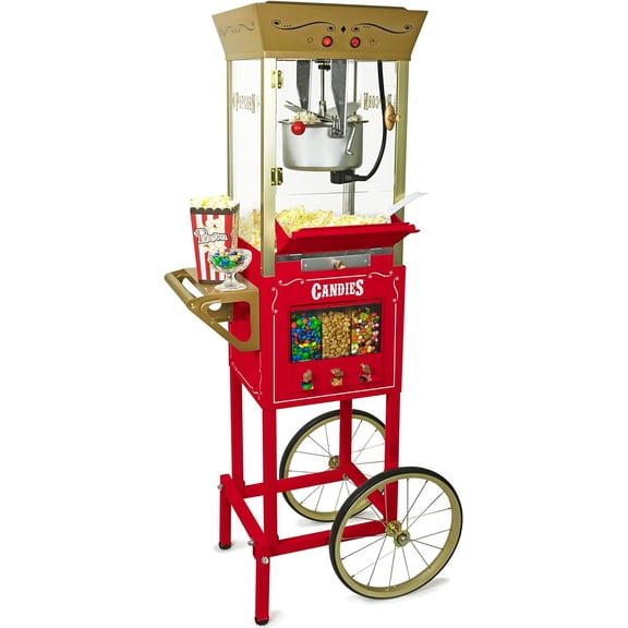 Nostalgia Vintage Popcorn Machine, Popcorn Maker Cart with Candy Dispensers, Red