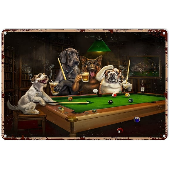 Nostalgia Vintage Retro Funny Dog Art Poster Dogs Playing Pool Metal Sign Decor Tin Vintage Sign for Indoor Outdoor Farmhouse Coffee Shop 12x8 inch