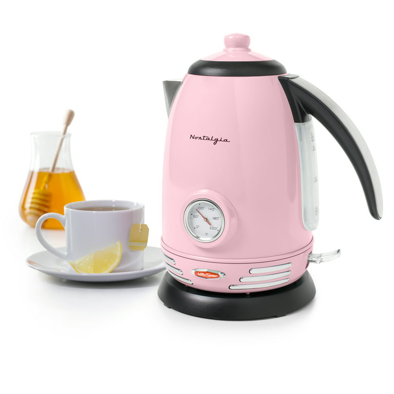 Nostalgia Retro 1.7 Liter Stainless Steel Electric Water Kettle with Strix Thermostat - Pink