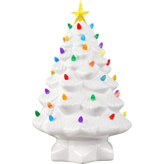 Nostalgic Ceramic Christmas Tree with LED Lights Indoor Decoration, 12 Inches, Green