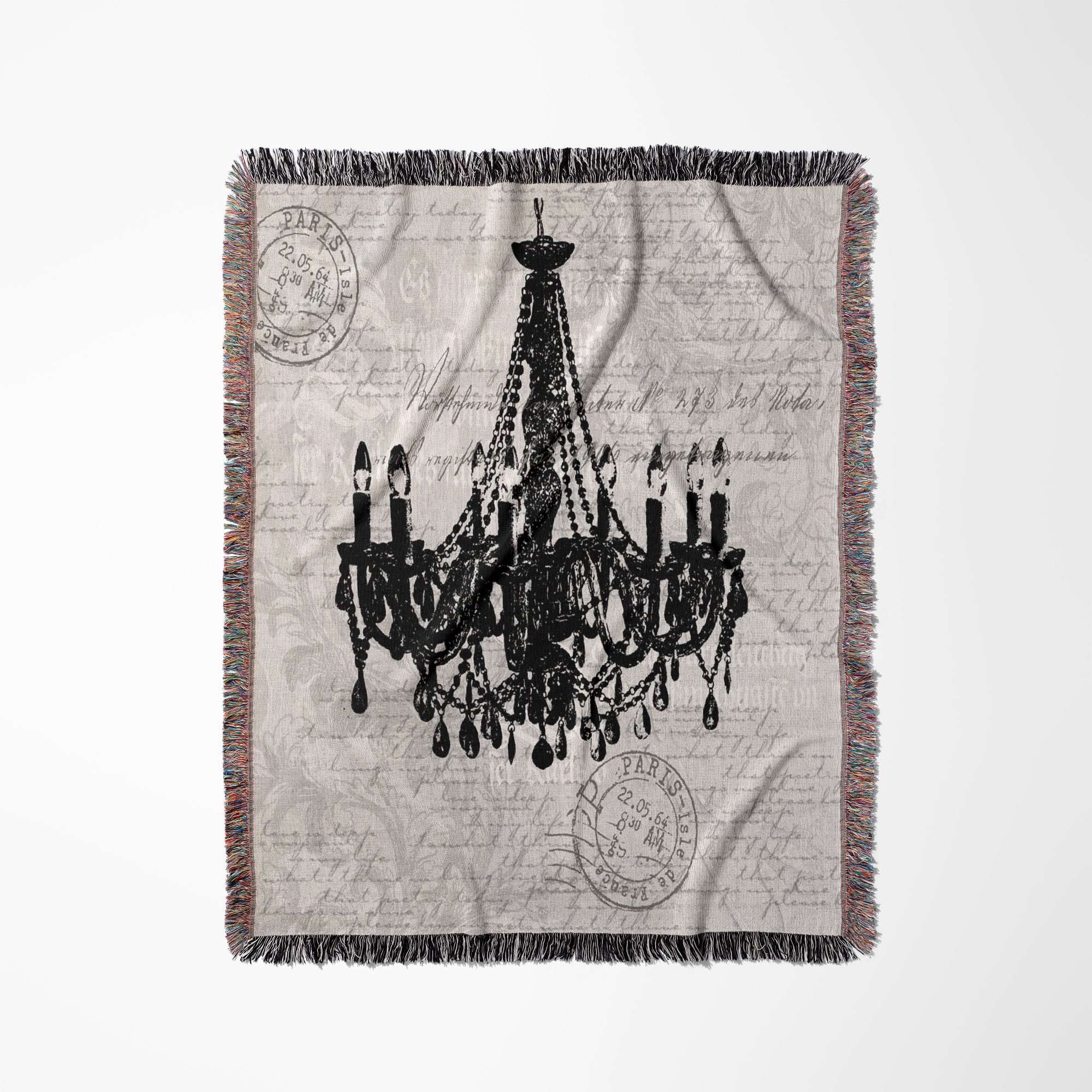 Nostalgic Chandelier Illustration In Light Grey, Woven Blanket