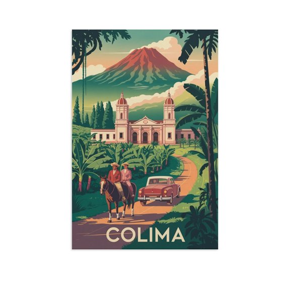 Nostalgic Colima Retro Travel Poster Featuring Plantations And Historic Details Canvas Poster
