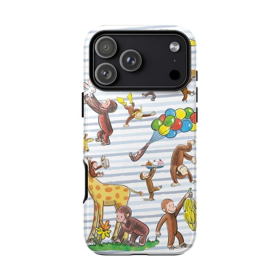 Nostalgic Curious Monkey Phone Case, Blue Stripe Phone Cover, Wholesome Design for iPhone 17 16 15 14 13 12 11 Pro Plus Mini