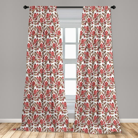 Nostalgic Curtains 2 Panels Set, Vintage Themed Branch of Rose and Flowers Pattern, Window Drapes for Living Room Bedroom, 56"W X 84"L, Dark Coral Dark Rust, by Ambesonne