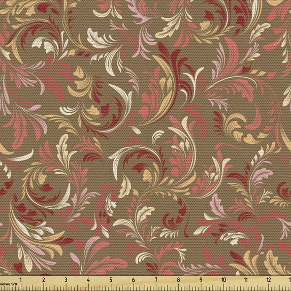 Ambesonne Nostalgic Fabric by the Yard Upholstery, Victorian Classic Leaves, 2 Yards, Multicolor