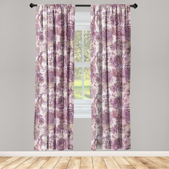 Nostalgic Flowers Window Curtains, Vintage Style Rose Pattern Leaves Romantic Vibes Soul of Garden, Lightweight Decor 2-Panel Set with Rod Pocket, Pair of - 28"x95", Purple and Champagne, by Ambesonne