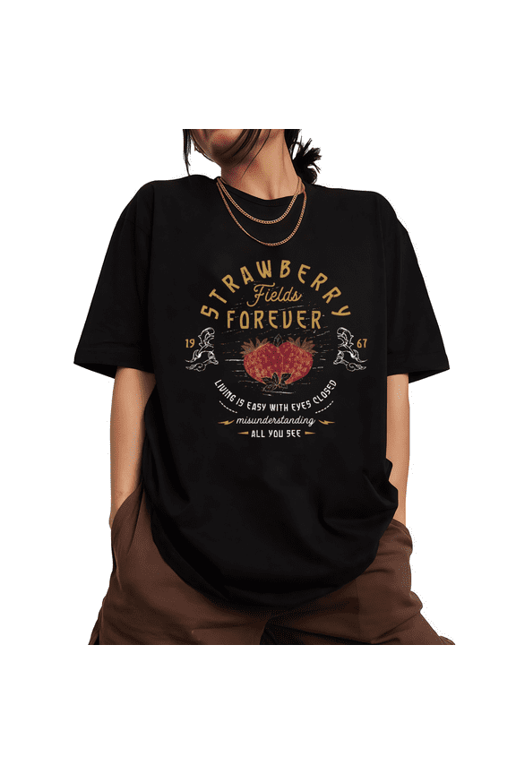 Nostalgic Fruit Garden Print Tshirt Black S-5XL Strawberry Fields 1967 Vintage Art Statement Tops