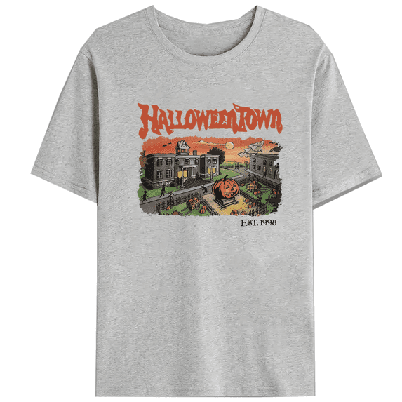 Women's Funny Halloween T-Shirt - Halloweentown Print，Casual Short Sleeve, Round Neck, Breathable Spooky Castle & Pumpkin Design，Funny，cotton，gray，S-3XL