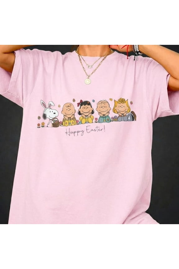 Nostalgic Illustrated Printed Easter Bunny Snoopy Vintage Cartoon Egg and Pastel Basket Graphic Comfort Colors Unisex Cotton T-Shirt, Sizes S-5XL