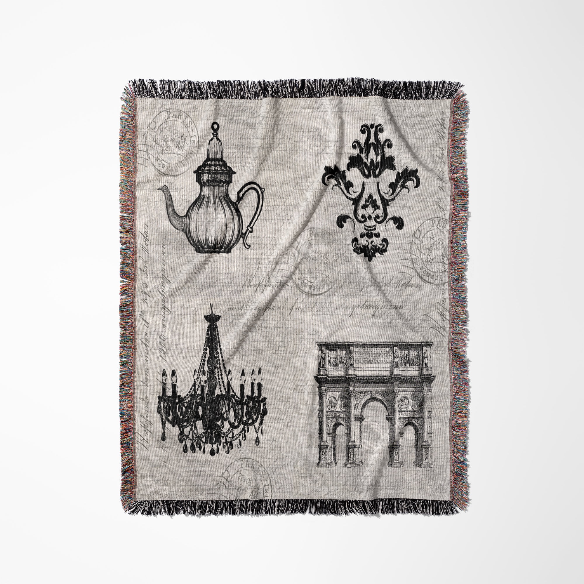 Nostalgic Illustration With Chandelier, Arc De Triomphe, Jug, Ornament, Woven Blanket