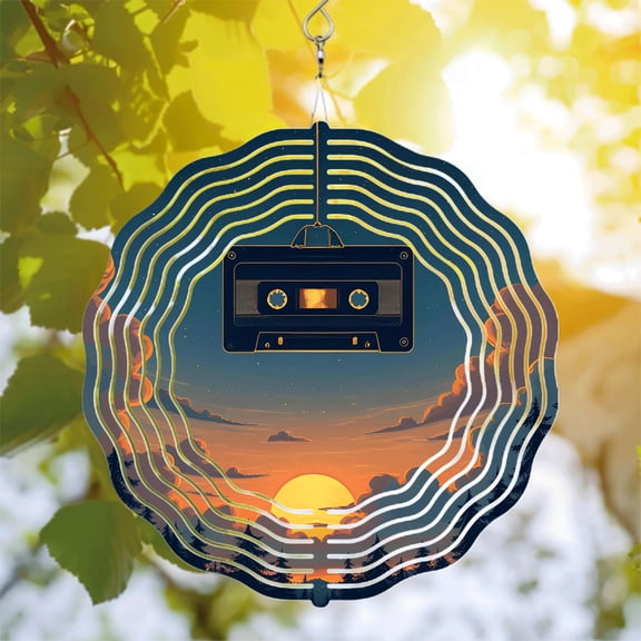 Nostalgic Metal Hanging Wind Spinner - Cassette Tape Design with Concentric Waves Perfect for Yard & Garden Decor