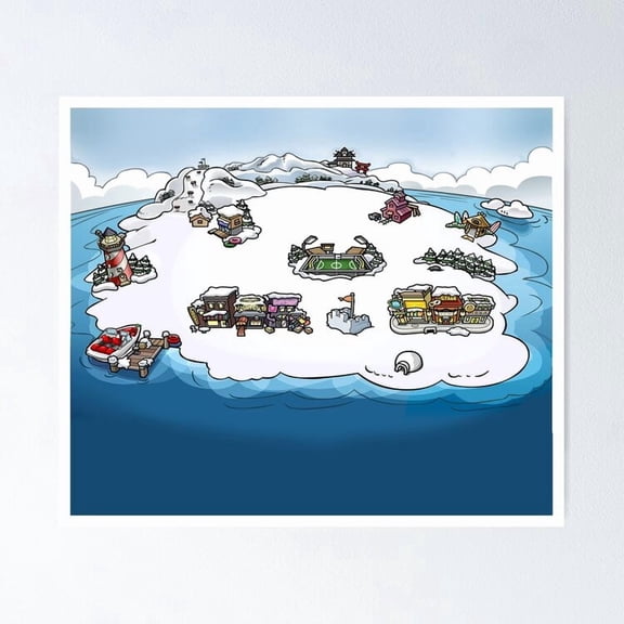 Nostalgic Online Game Virtual Club Penguin Map Game Room Wall Decor, Unframed Poster