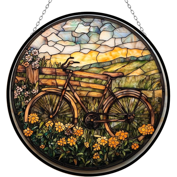 Nostalgic Pathway Bike Suncatchers for Windows, Stained Glass Window Hangings,Hand-Painted Glass Panel Perfect for Home Decorr