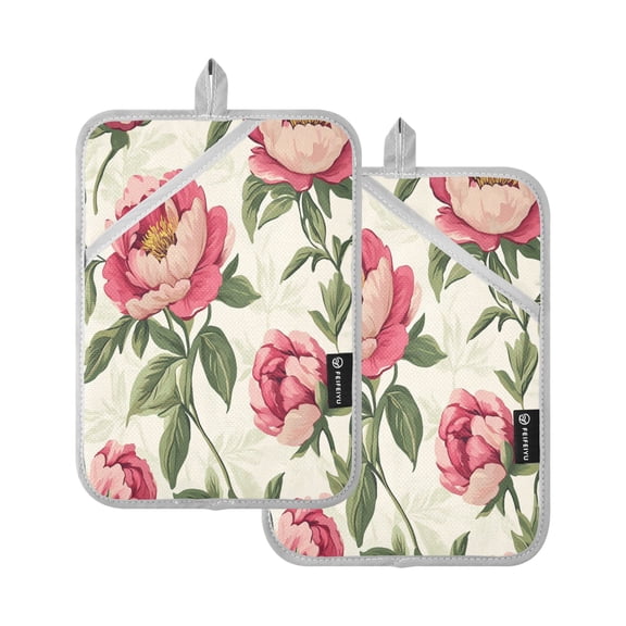 Nostalgic Peonies Pattern Square Insulation Pads 2 Piece Heat Resistant 338 Degrees F Oven Mitts for Kitchen Table BBQ Microwave and Other Cooking Occasions