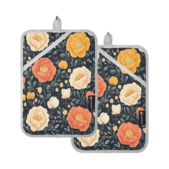 Nostalgic Peonies Pattern Square Insulation Pads 2 Piece Heat Resistant 338 Degrees F Oven Mitts for Kitchen Table BBQ Microwave and Other Cooking Occasions