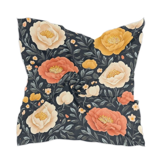Nostalgic Peonies Pattern Square Silk Scarf, 23.62×23.62in Polyester Simulated Silk Satin Scarf Tops for Women Head Wraps Shirt Bandana Curly Hair Tie Headband Headscarf