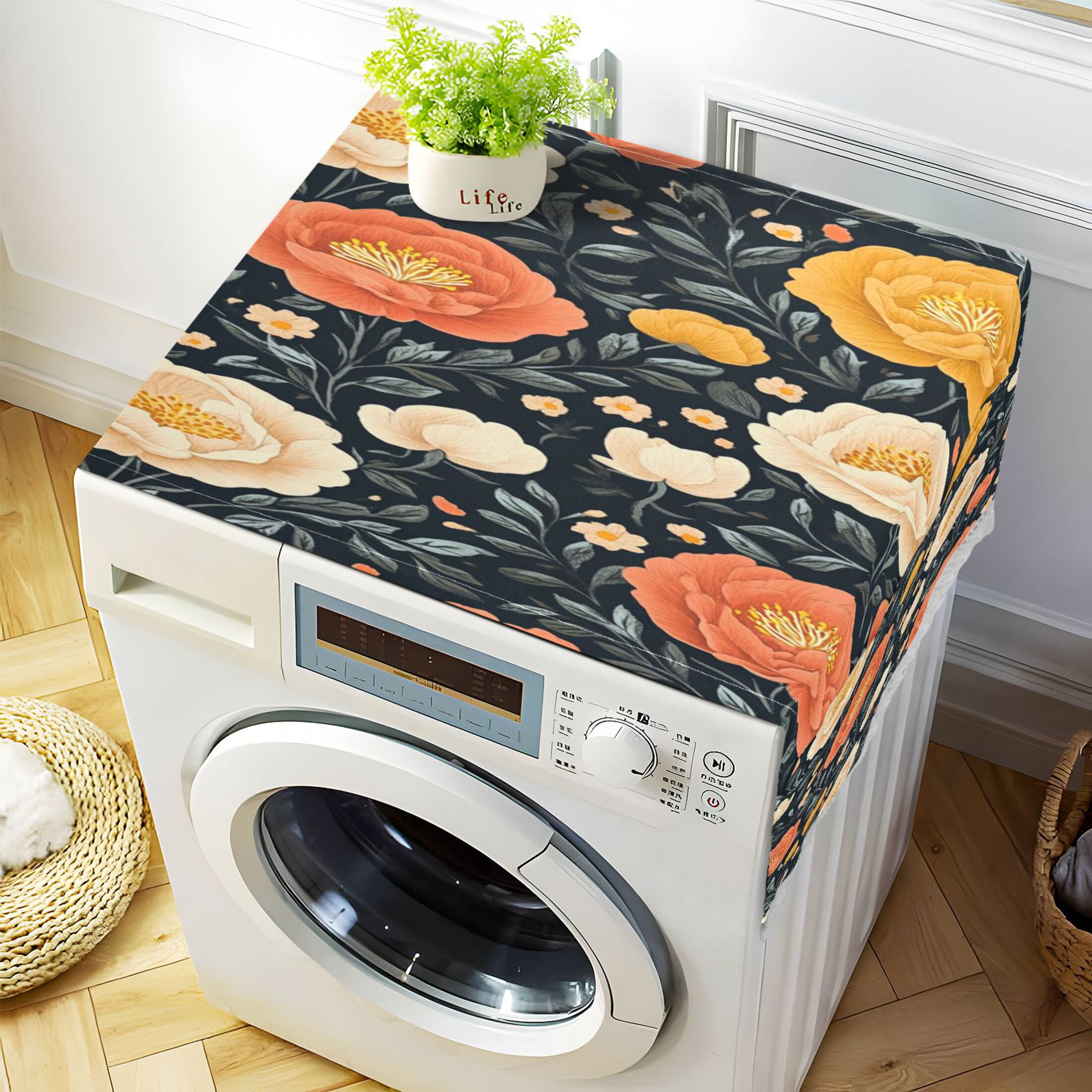 Nostalgic Peonies PatternWasher and Dryer Covers Dust-Proof and Oil Resistant Fridge Cover with 4 Storage Pockets Washing Machine Top Cover for Laundry Kitchen Home 51.2 x 22 In