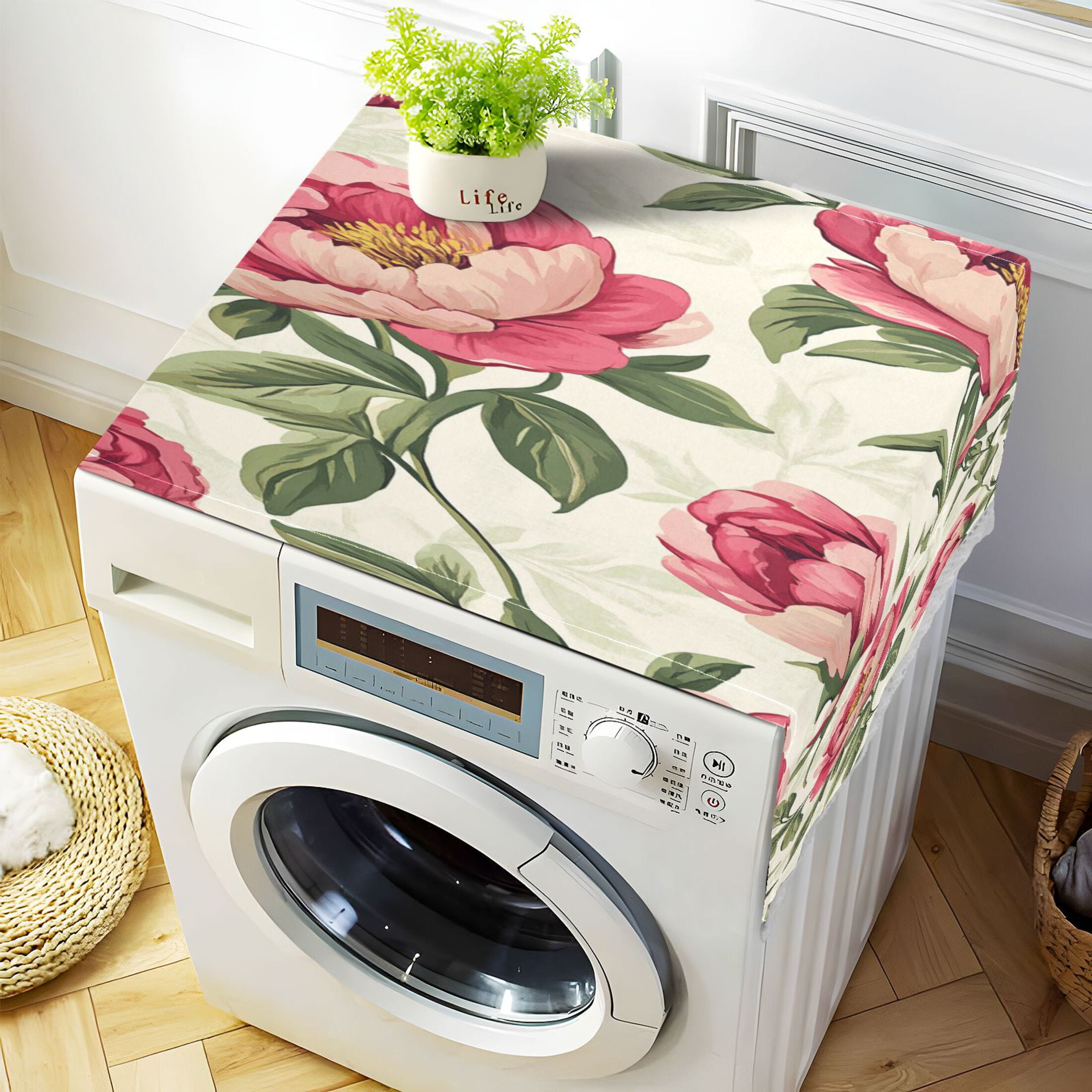 Nostalgic Peonies PatternWasher and Dryer Covers Dust-Proof and Oil Resistant Fridge Cover with 4 Storage Pockets Washing Machine Top Cover for Laundry Kitchen Home 51.2 x 22 In