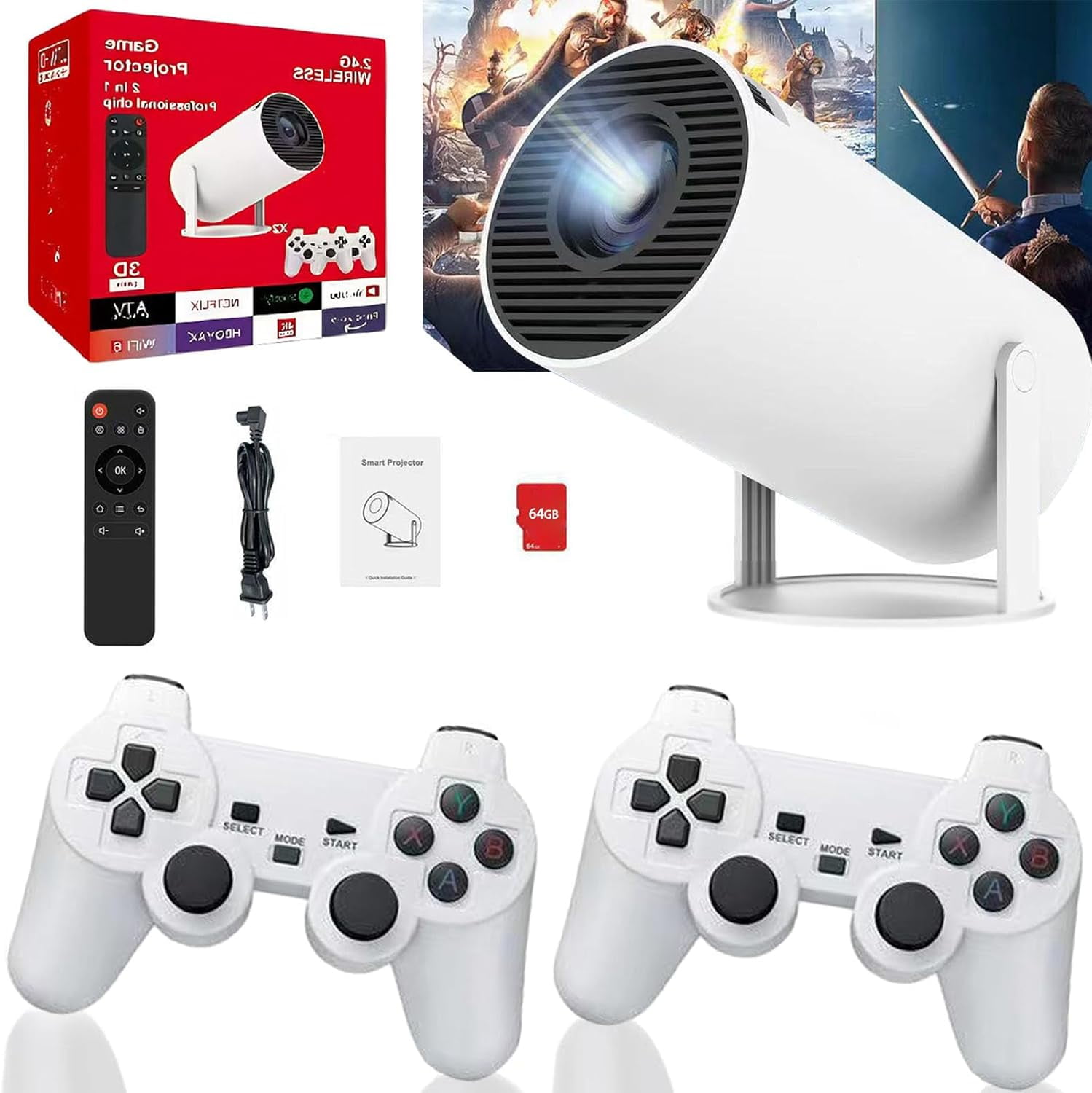 Nostalgic Projector, 4K Projector with Retro Gaming Console, Arcade Vision Projector, Smart Projector with Built in 20000+ Games, Retro Game Projector with 2 Wireless Controllers