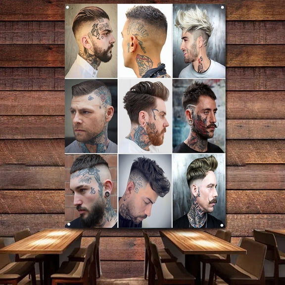 Nostalgic Retro Men's Hairstyles 38" x 57" Vintage Barber Shop Advertisement Plaque Wall Decor Banner Flag Haircut & Shave Poster Tapestry 0