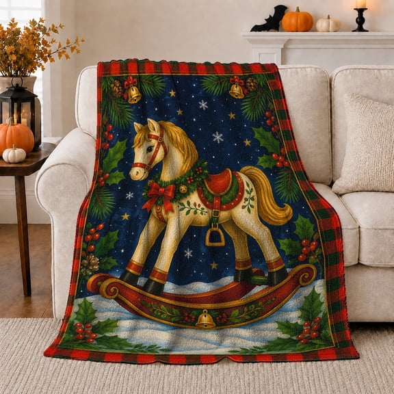 Nostalgic Rocking Horse Christmas Art Festive Holly Wreath, Festive Holiday Scene, Warm Flannel Blanket for Ranch House and Living Room, Horse Lovers Christmas Gift, Rustic Home Decor