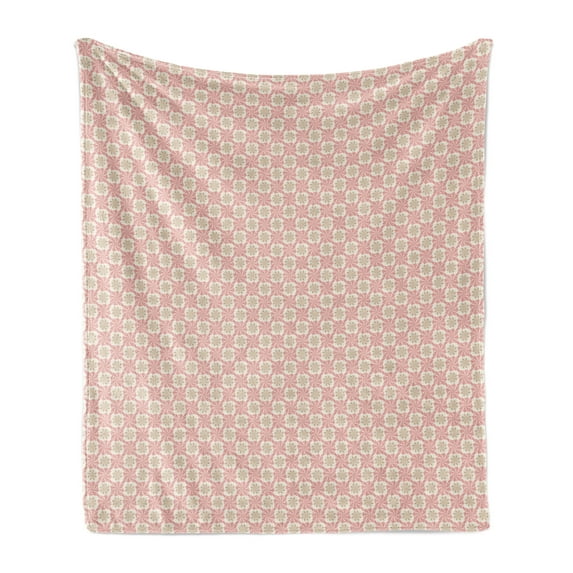 Nostalgic Soft Flannel Fleece Throw Blanket, Vintage Delicate Repetition of Floral Folk Damask, Cozy Plush for Indoor and Outdoor Use, 50" x 70", Pale Ruby Eggshell, by Ambesonne
