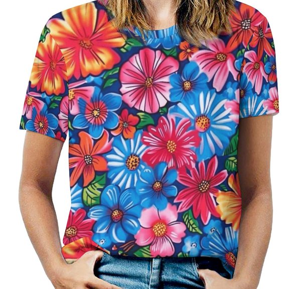 Nostalgic Vintage Floral Women's Short Sleeve T-Shirt Crew Neck Casual Summer Trendy Loose Fit Tops