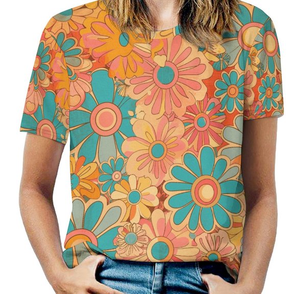 Nostalgic Vintage Floral Women's Short Sleeve T-Shirt Crew Neck Casual Summer Trendy Loose Fit Tops