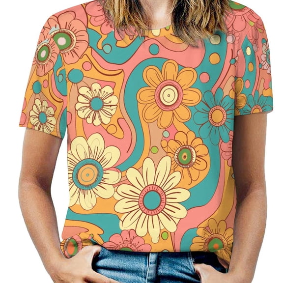 Nostalgic Vintage Floral Women's Short Sleeve T-Shirt Crew Neck Casual Summer Trendy Loose Fit Tops