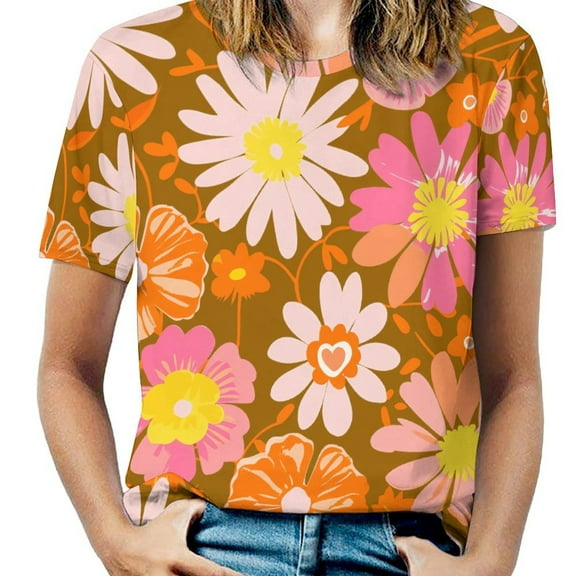 Nostalgic Vintage Floral Women's Short Sleeve T-Shirt Crew Neck Casual Summer Trendy Loose Fit Tops