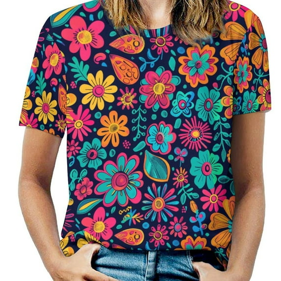 Nostalgic Vintage Floral Womens Tops Women's Fashion Casual Short Sleeve Flower Print Round Neck Pullover Top Blouse